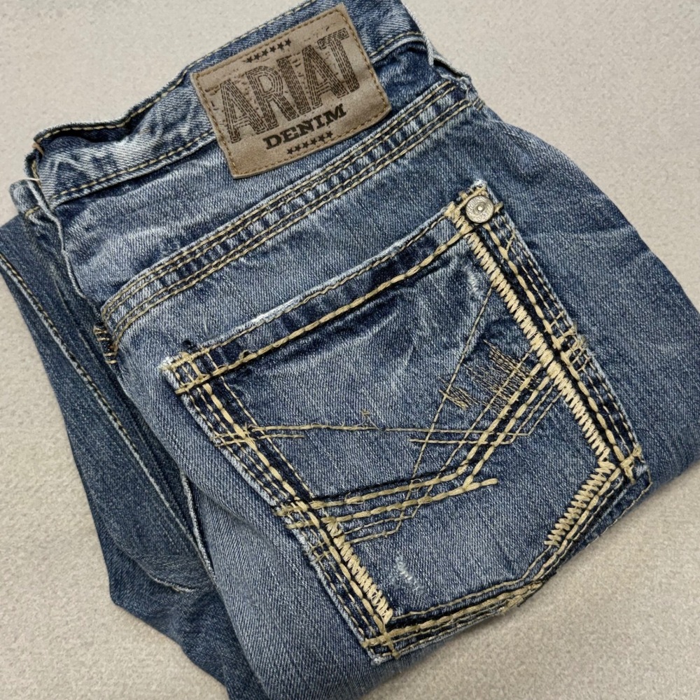 Ariat M5 Straight Jeans Mens 32x36 Blue Denim Embroidered Western Cowboy Casual